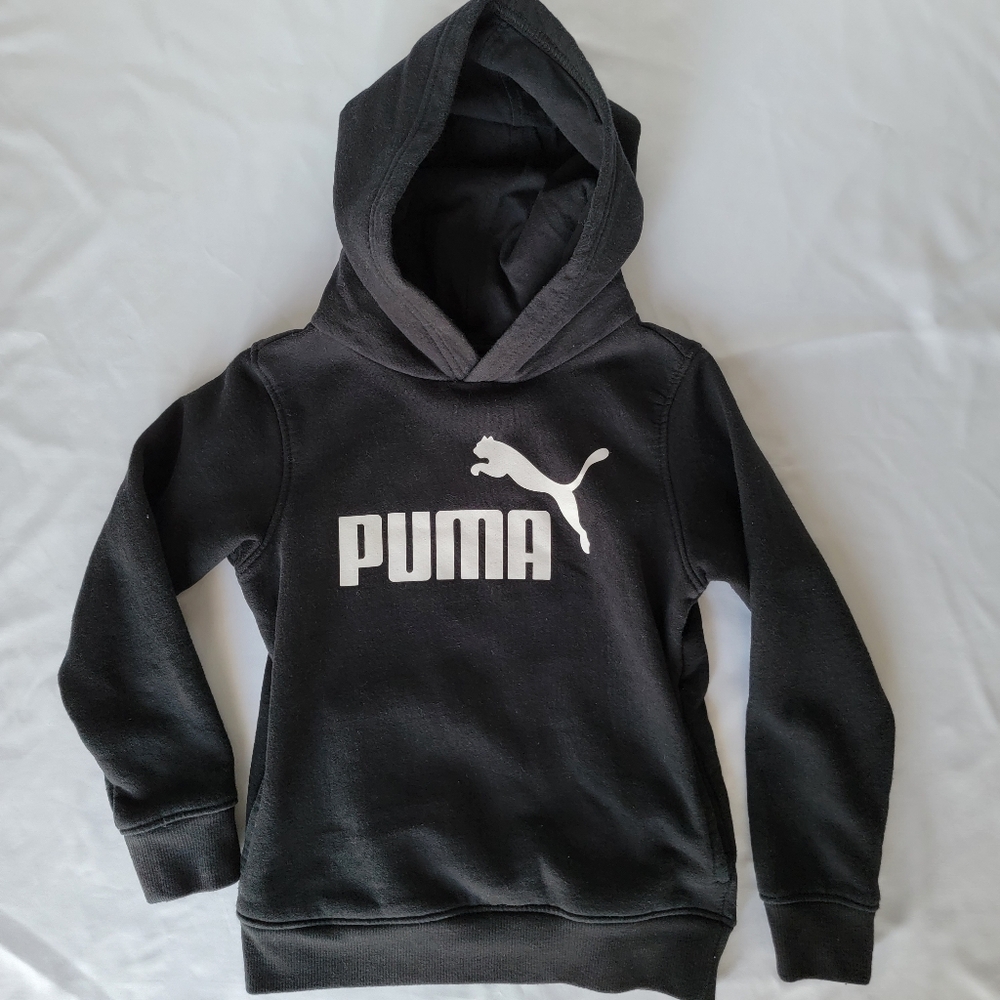 Puma Youth Long-Sleeve Pullover Sweatshirt Hoodie, Black, White Logo, Size Small